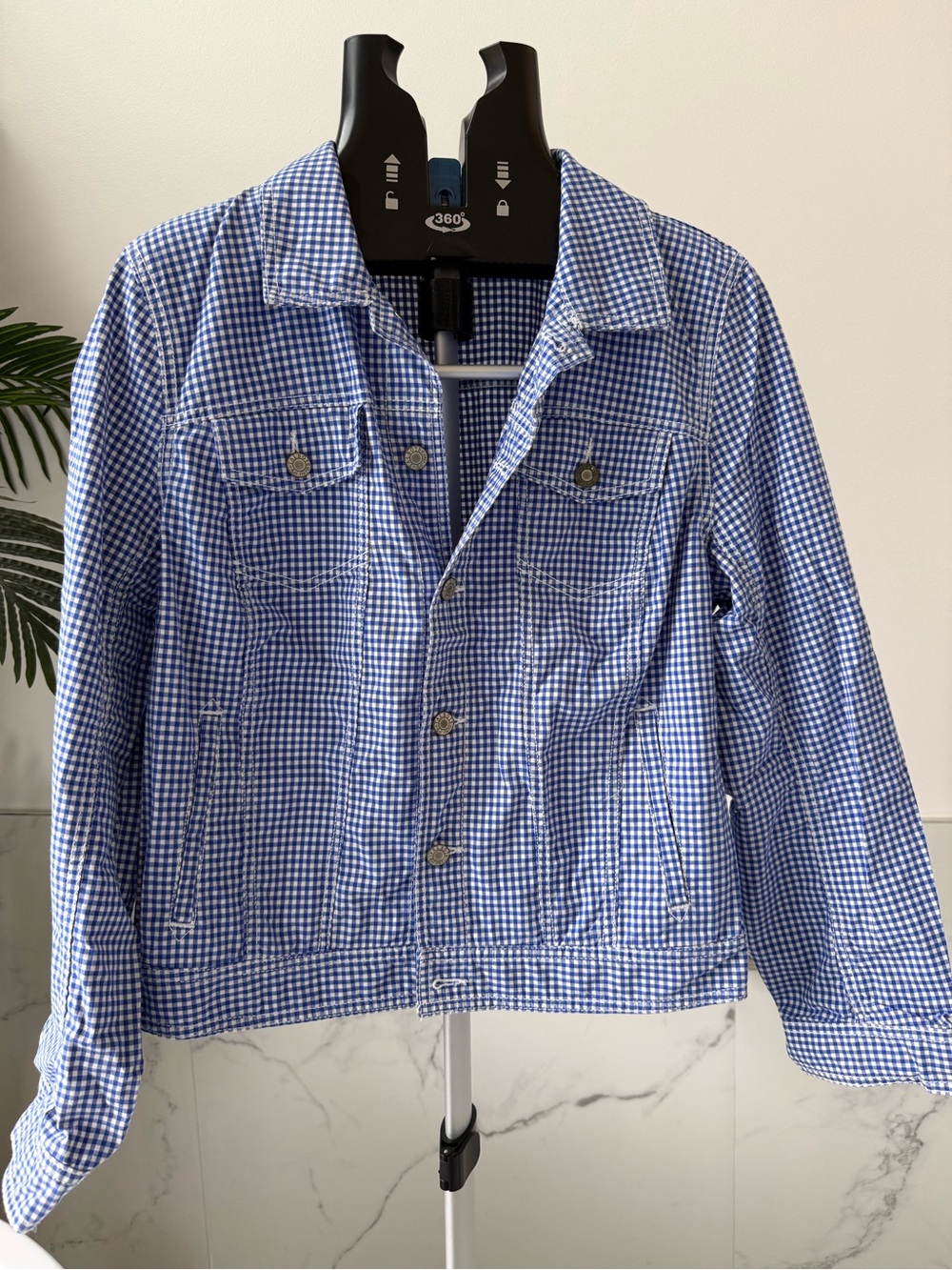 Talbots Classic Gingham Jean Jacket Blue White Check Stretch XL